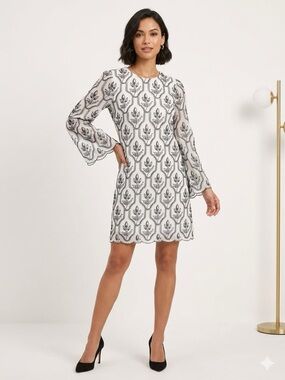 Preston & York White Black Embroidered Bell Sleeve Shift Dress NWT Size 8
